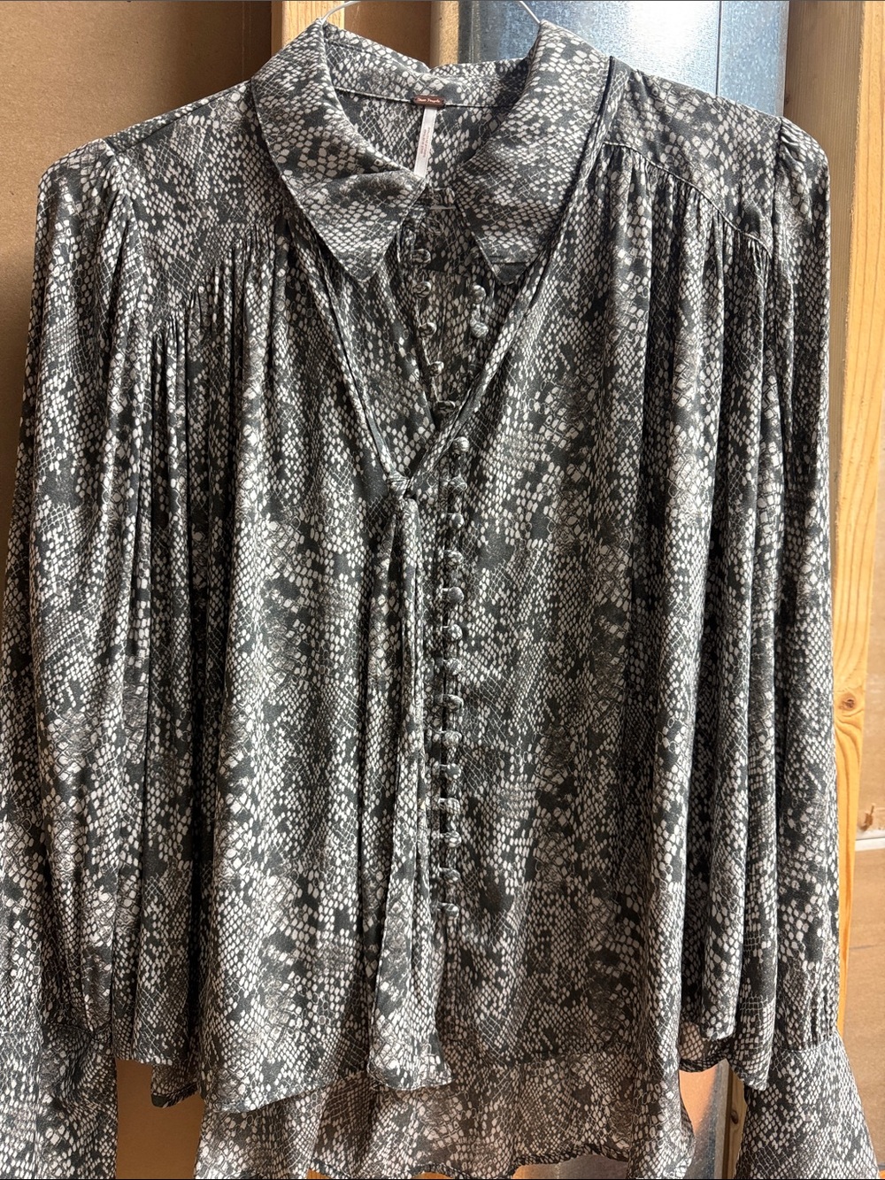 Free People Black and Cream Snake-Print Button Front Top